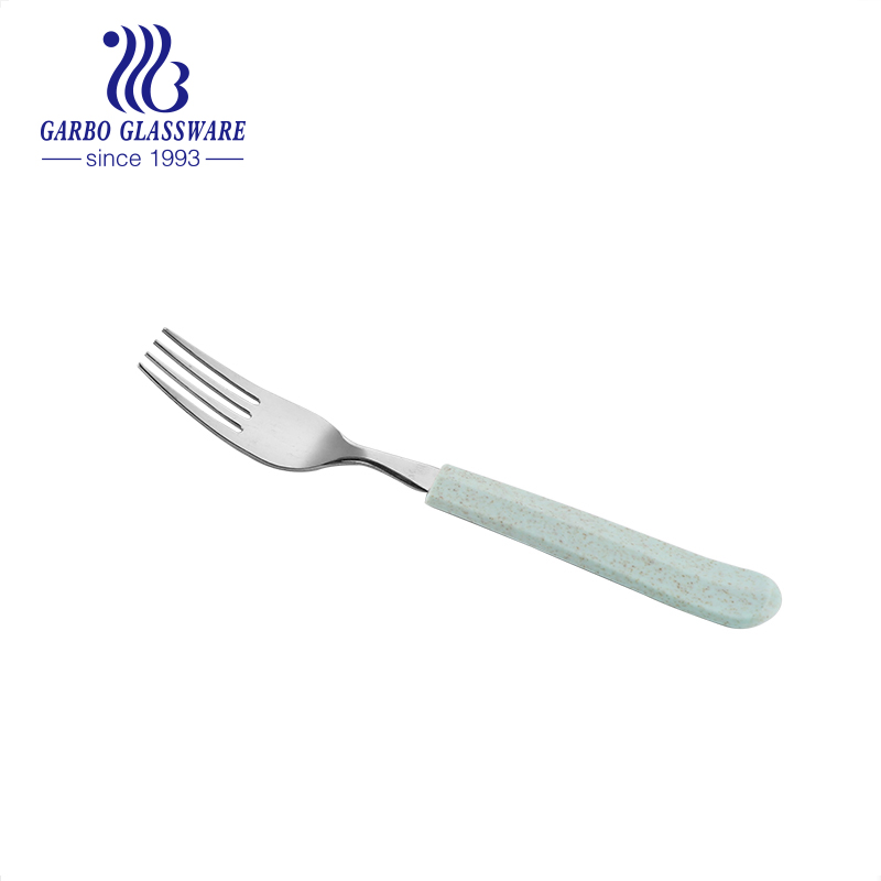 Factory High-Quality Stainless Steel Dinner Salad Fork Mirror Polish Silverware Cutlery Steak Fork with Customized Cyan-Blue Plastic Handle