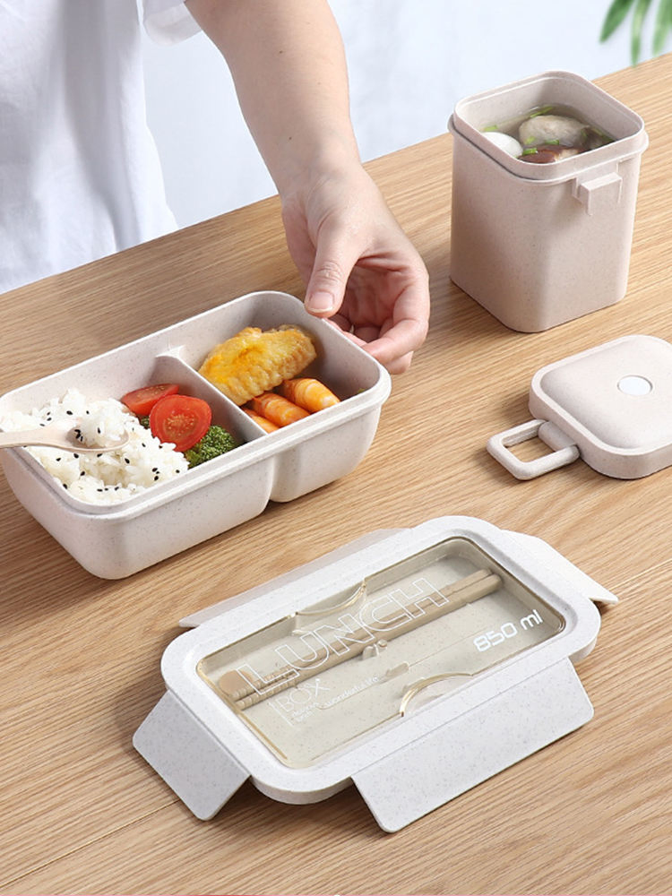 Sustainable Wheat Straw Lunch Box Set with Reusable Cutlery and Lid