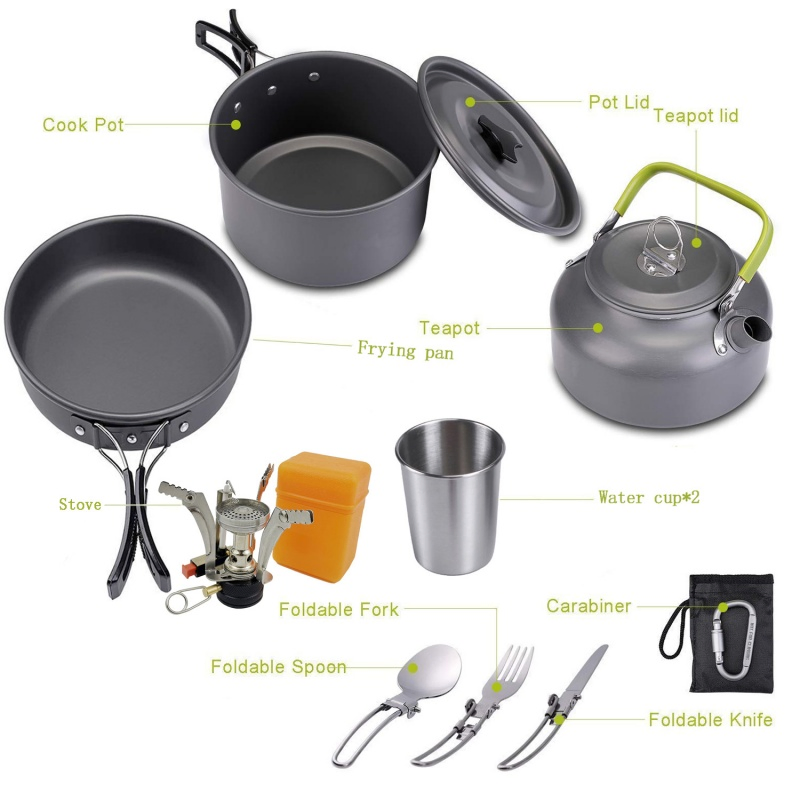 2~3 Person Camping Cookware Mess Kit with Kettle Non Stick Pot Outdoor Cookware