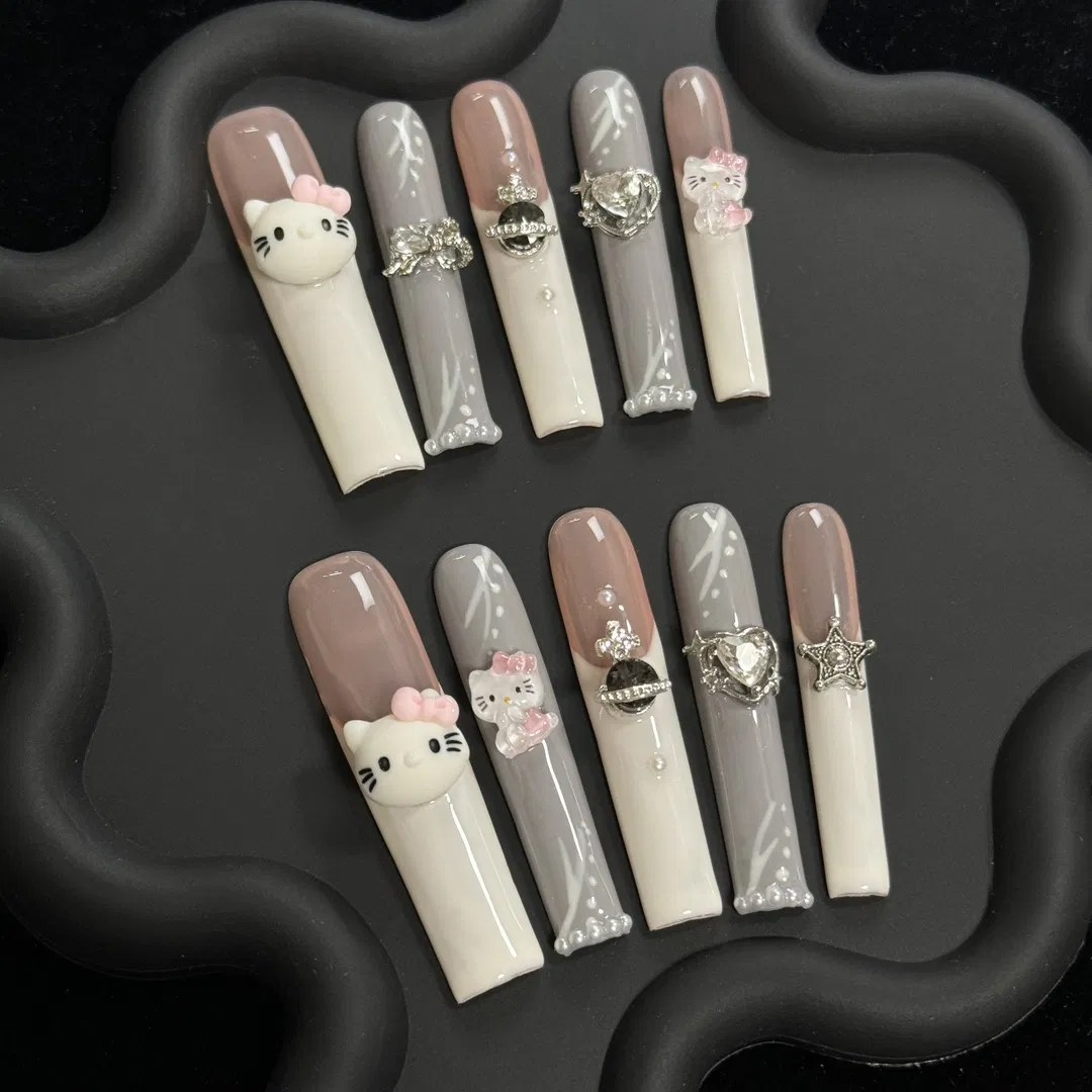Handmade Kitty Acrylic Artificial Gel Wear Press on Fake Nails Gel Art Polish Pick Finished Manicure Removable Finger False Artificial Nails