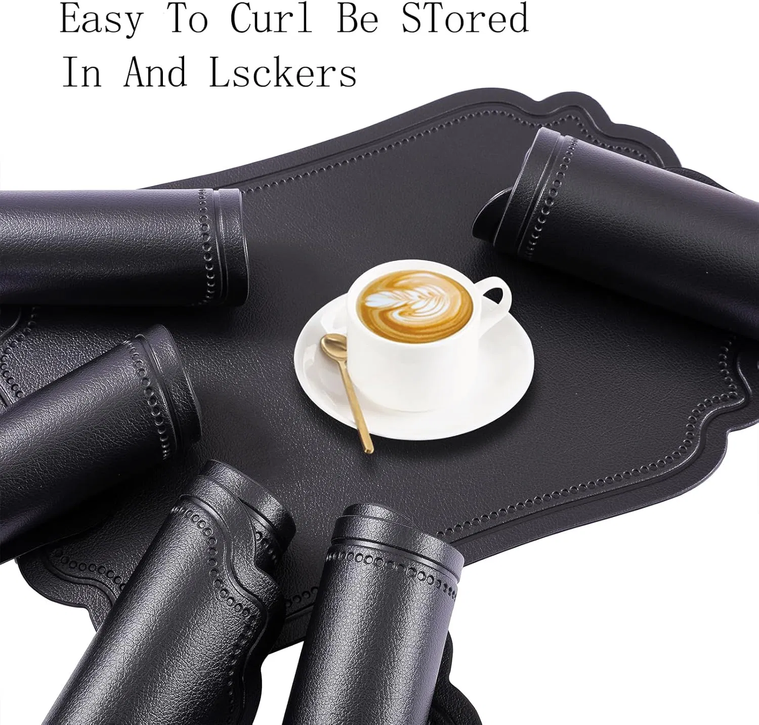Xinyun Black Placemats Set of 6 Reversible Faux Leather Place Mat Wipeable Heat Resistant Non Slip Anti Oil Waterproof Eco-Friendly Table Mats Patio Placemats F