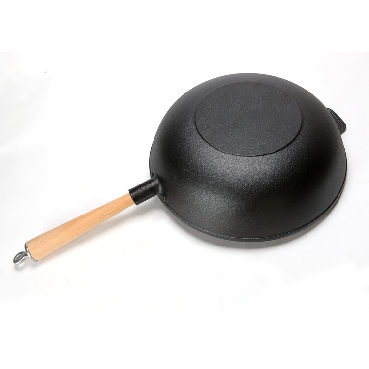 Cast Iron Wok Pan 14.2" Large Wok Stir Fry Pan Flat Bottom Wok with Lid and Wood Handle