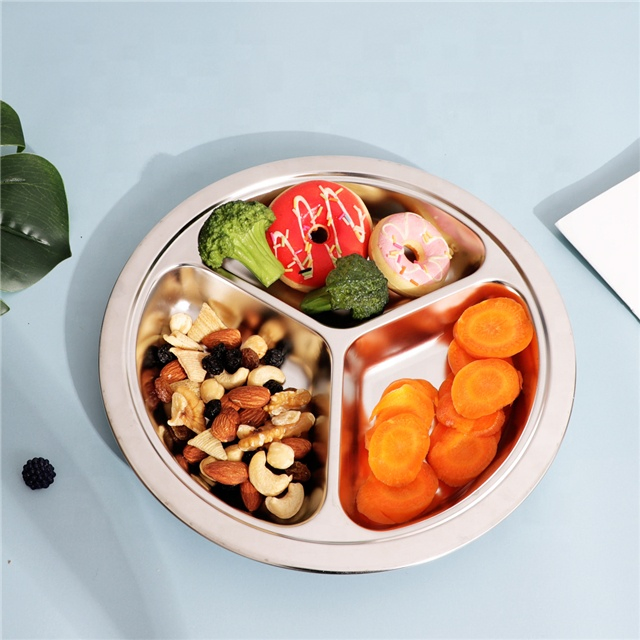 Whalesale Hot Selling Stainless Steel Divided Compartment Fast Food Dinner Plate Round for Kids School