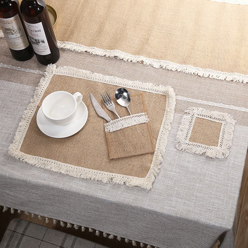 Rectangle White Fringed 12 Inches Laced Burlap Table Mats Jute Place Mats