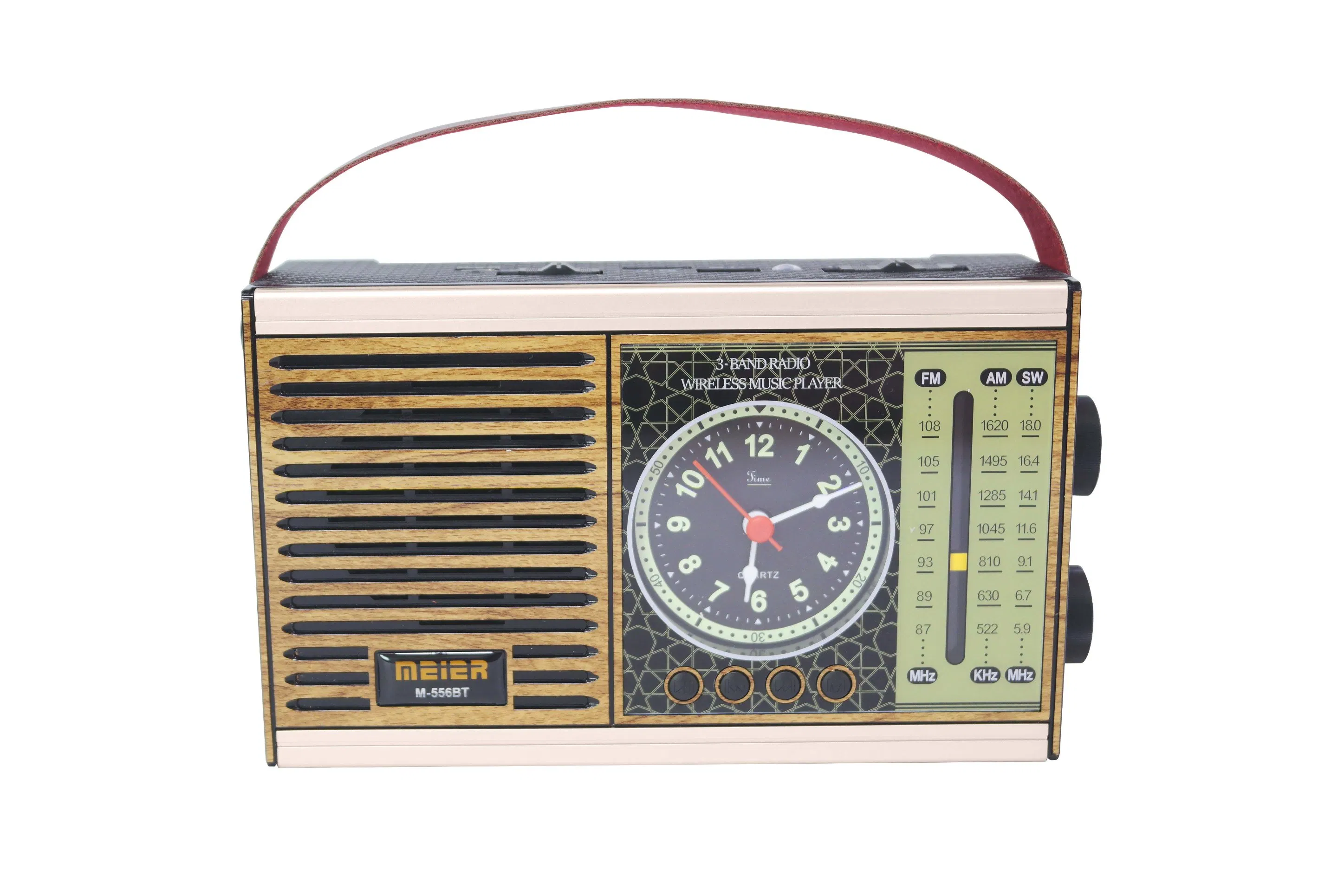 Portable 3-Band Am FM Sw Radio, TF Card and MP3 Player, Rechargeable Speaker, Bluetooth Retro Design Clock Meier M-556bt