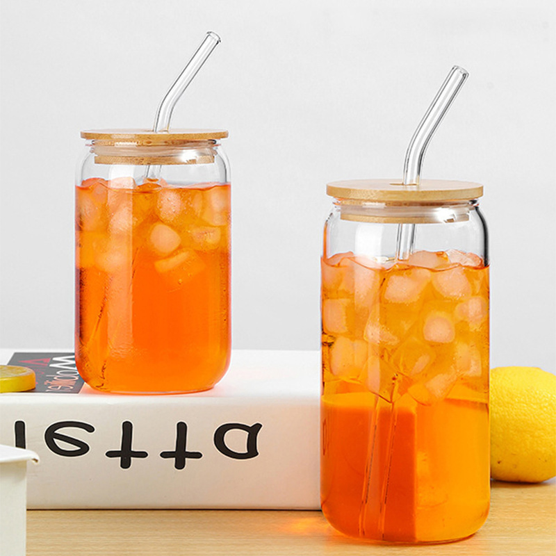Drinking Glasses with Glass Straw 16oz Can Design Glass Cups Beer Glasses Iced Coffee Glasses Tumbler Cups
