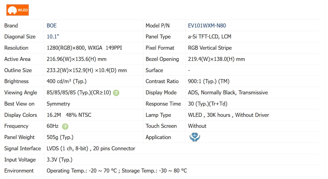 Boe EV101wxm-N80 10.1 Inch New Original a Gauge Industrial Control Medical LCD Screen 60Hz Refresh Rate for Laptop