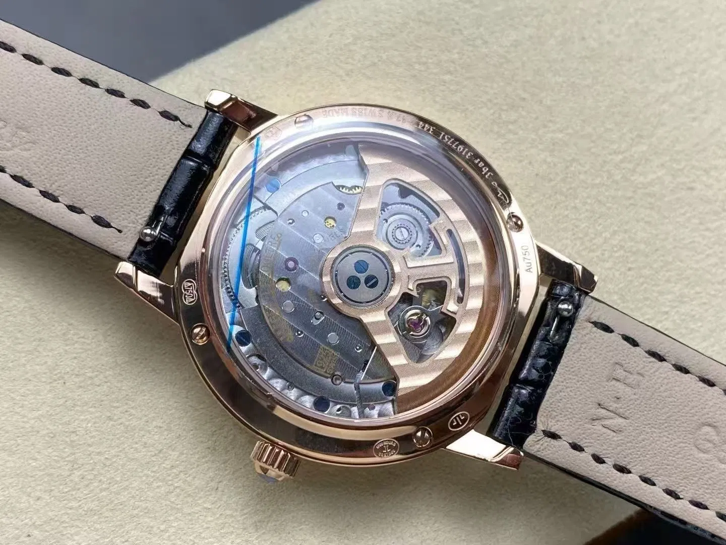 High End Craftsmanship Super Clone Watch Rose Gold Case, Moon Phase Display and Black Leather Strap Wholesale