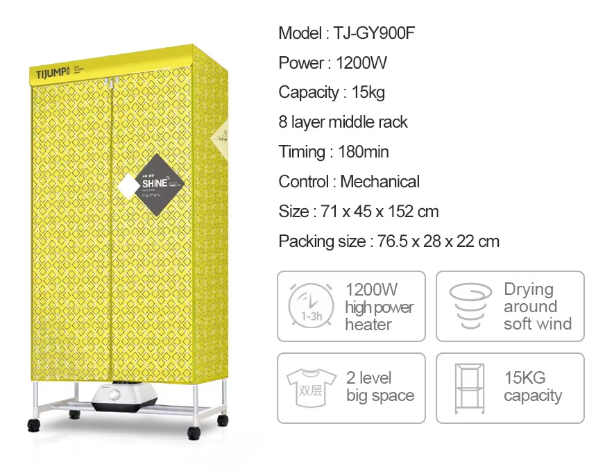 Tj - Gy900f 1200W Electric Clothes Dryer &amp; Ndash; 15kg Capacity 8 - Layer Rack Thermostatic Drying Wardrobe