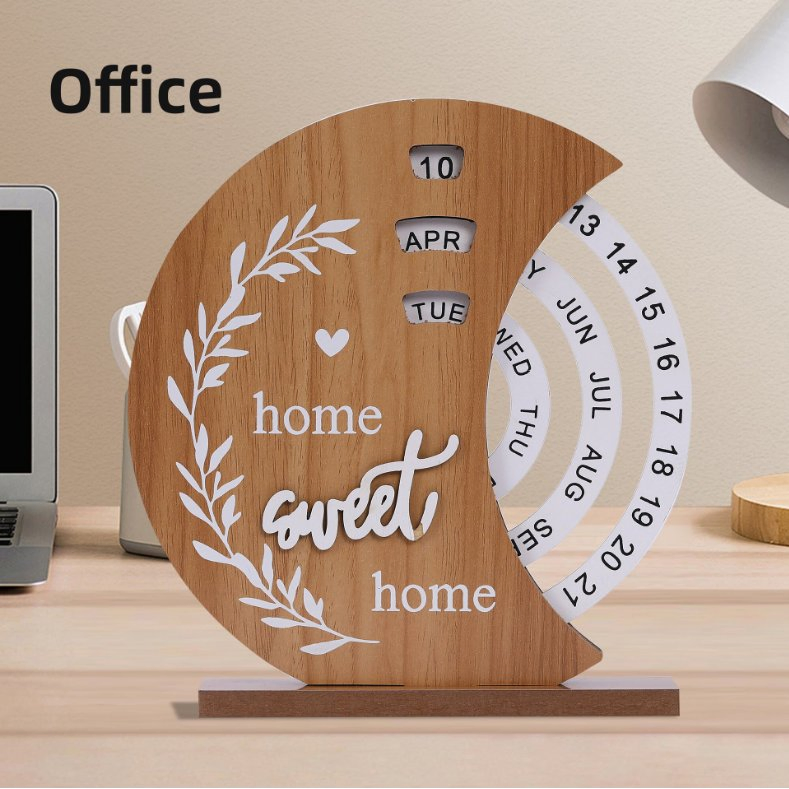 Creative Wooden Home Decor Office Desktop Decoration Manual Rotating Desk Calendar