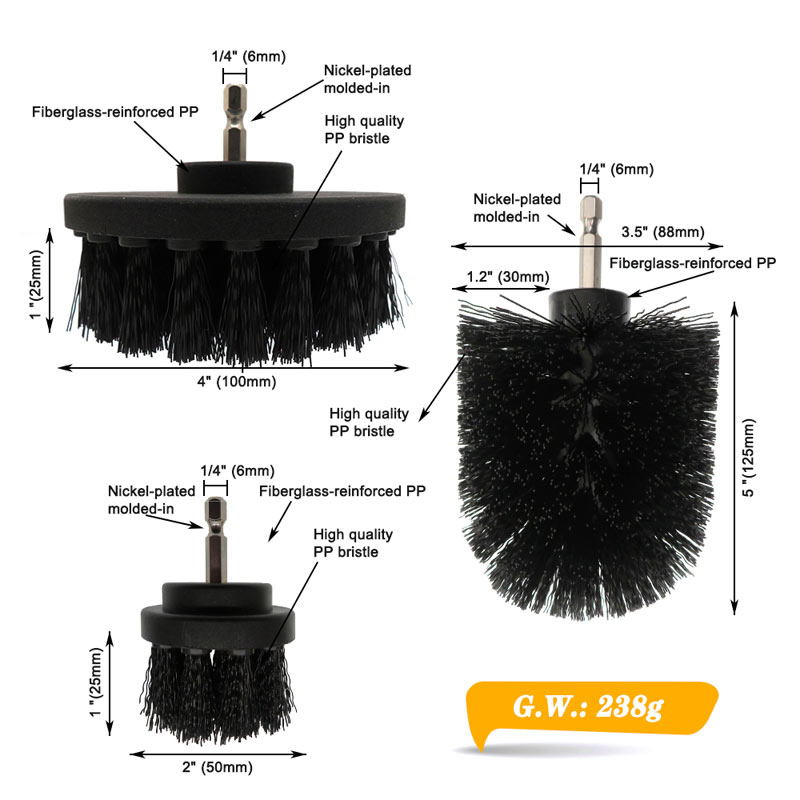High Quality Kit of 3PCS Black Scrub Brush Drill Attachment Set