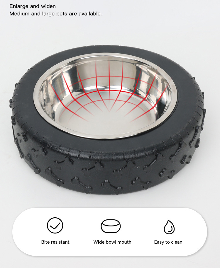 Rubber Tyre Design Dog Bowls Stainless Steel Pet Food Water Dog Bowl Portable Travel Tire Shaped Dog Bowl