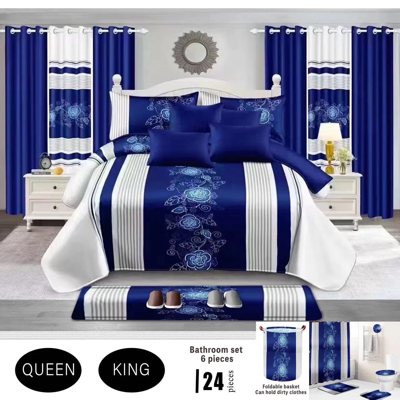 Wholesale 24piece Blue Plant Print Home Textile Bedding Set with Curtain Bed Cover Blanket with Bathroom Sabanas Microfiber Polyester Cotton Bedroom Bed Sheets