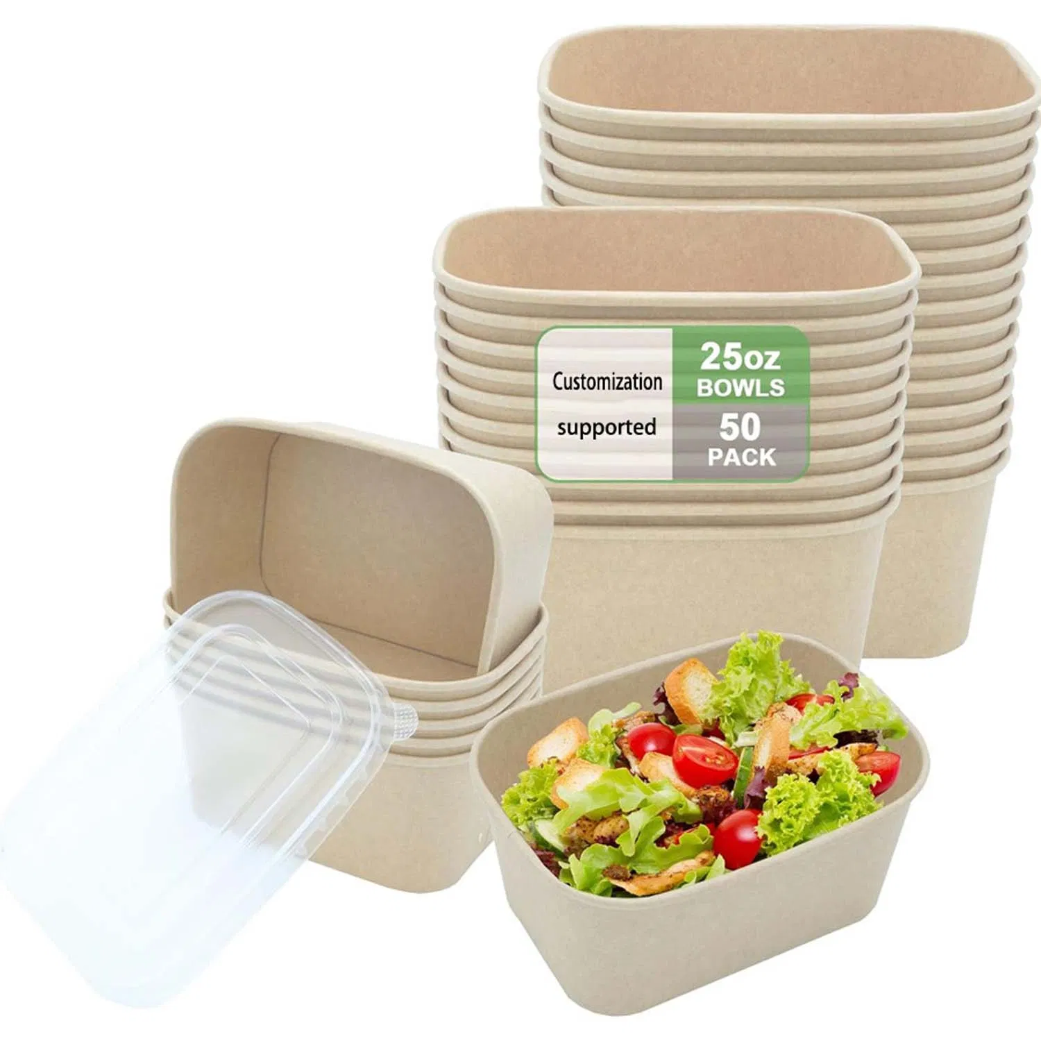 Disposable Eco-Friendly Kraft Paper Salad Bowl with Lid for Takeaway Food Packaging