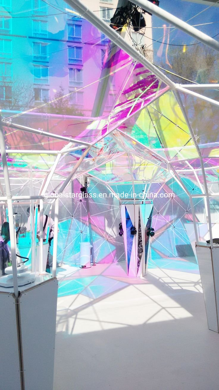 Dichroic Coated Pink Green Colorful Semi-Reflective Color Changing Magic Glass for Curtain Wall Can Be Tempered
