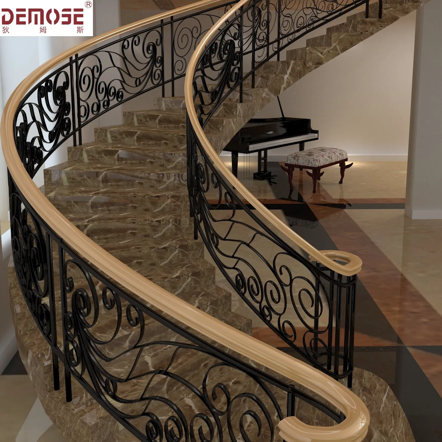 Luxury Wrought Iron Curved Indoor Guard Stair Railing Design Spiral Staircase (DMS-1021)