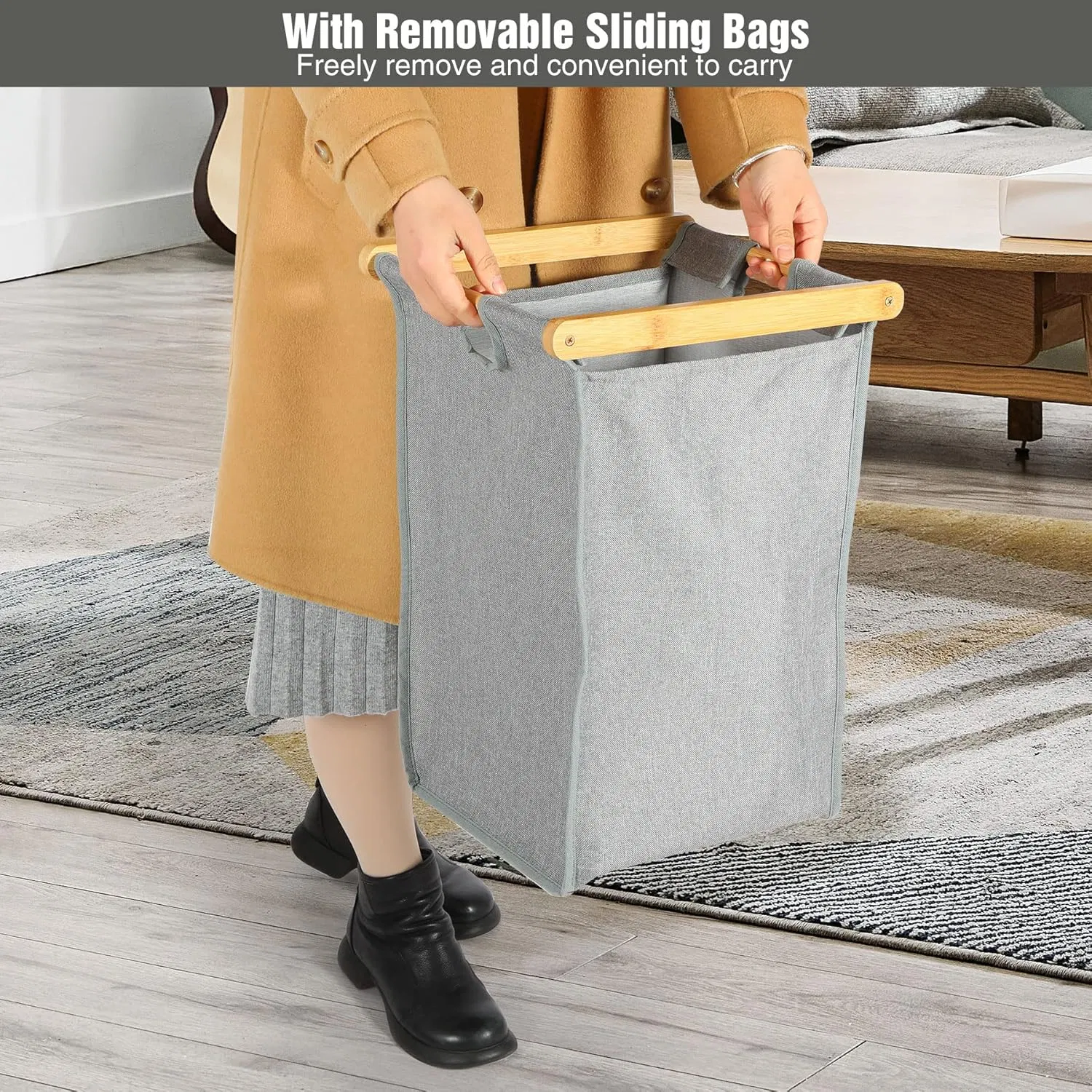 Household Bamboo Tape Rack Double-Draw Laundry Basket Bathroom Removable Laundry Basket