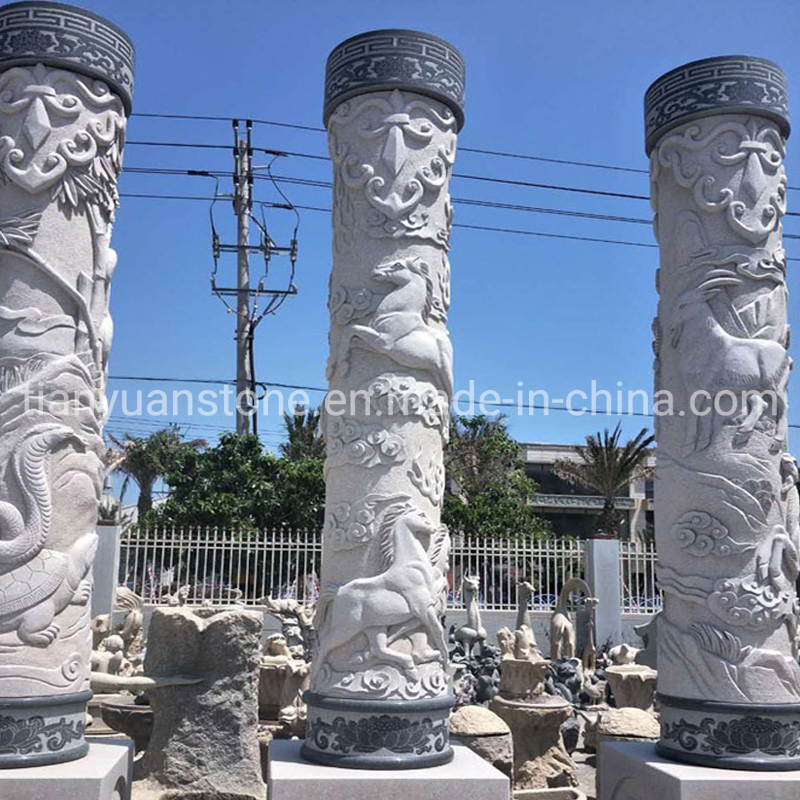 Hand Carved Large Chinese Style Marble Dragon Column Pillars Outdoor