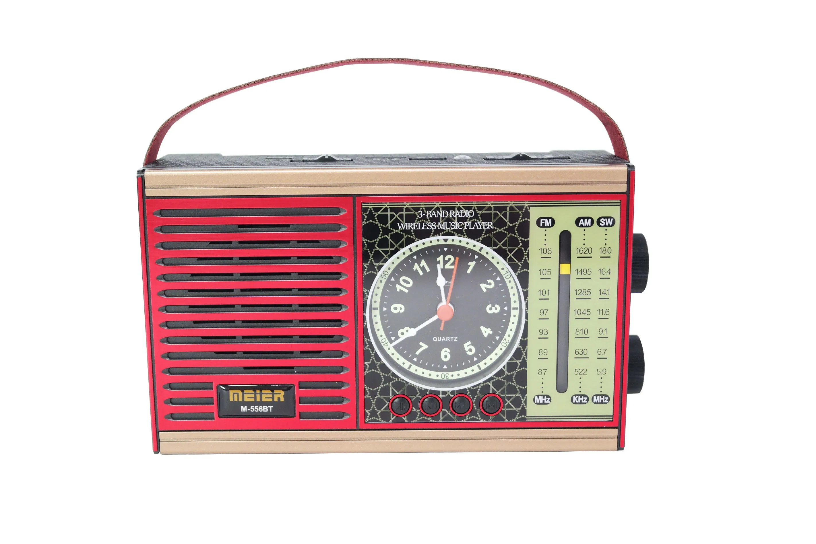 Portable 3-Band Am FM Sw Radio, TF Card and MP3 Player, Rechargeable Speaker, Bluetooth Retro Design Clock Meier M-556bt