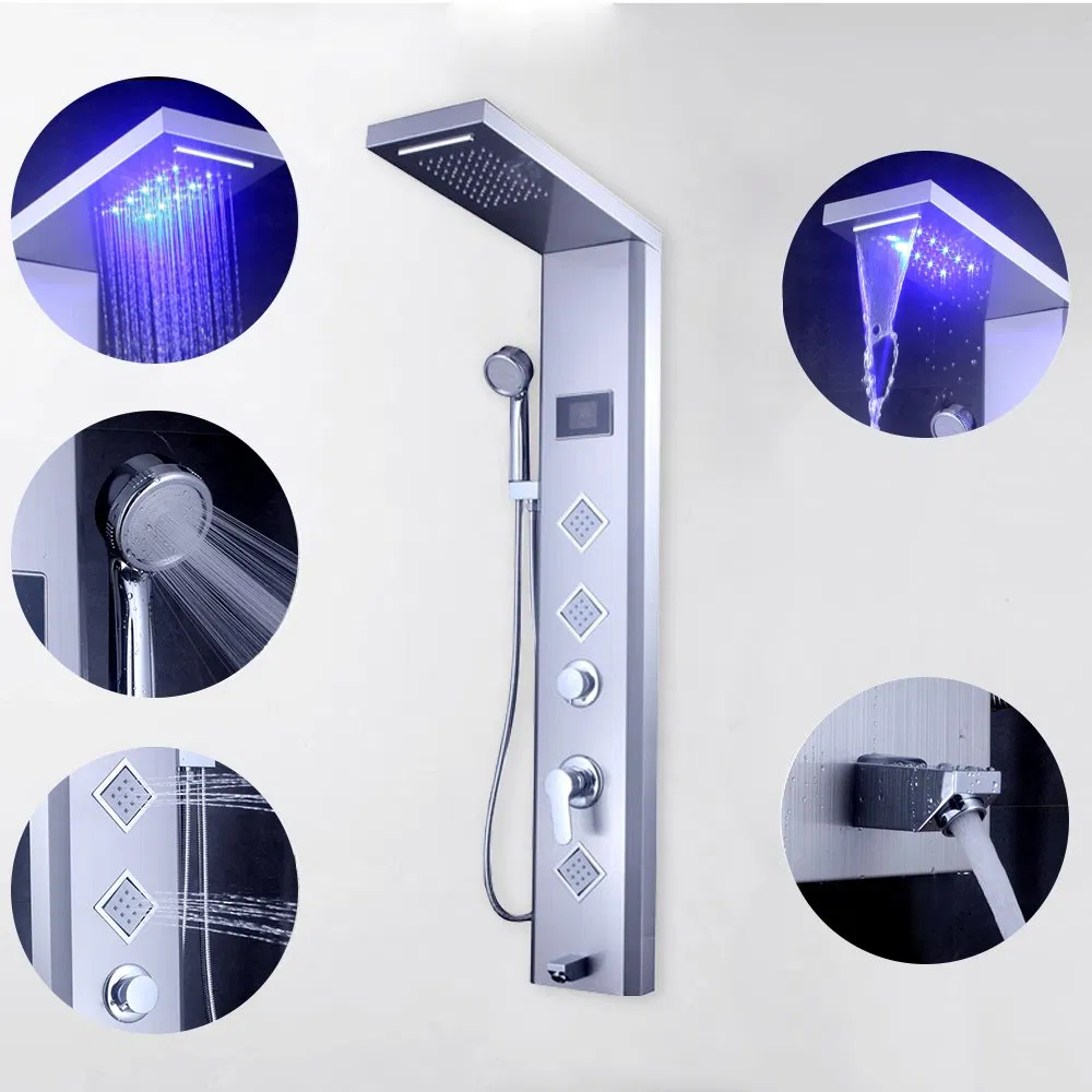Modern Brushed Stainless Steel LED Shower Panel with 5 Functions