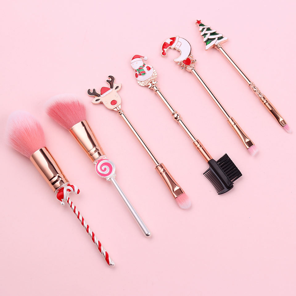 Christmas Makeup Brush Set 6 PCS Gold Festive Design Cruelty-Free Synthetic Multi-Functional Face Eye Gift Box