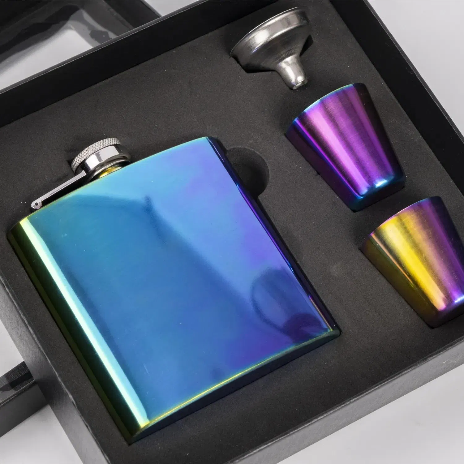 Holiday Gift 8 Oz Stainless Steel Hip Flask Set with Funnel Mini Black Leather Cover for Liquor Whiskey Alcohol Wine