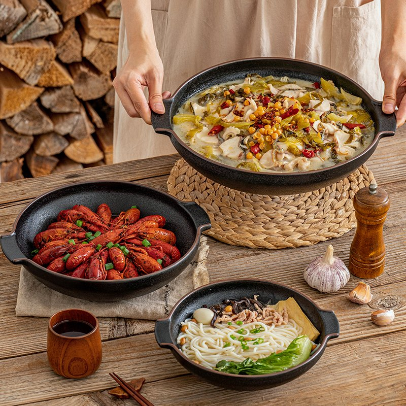 Cast Iron Black Restaurant Noodle Soup Bowl Serving Large Ceramic Bowl