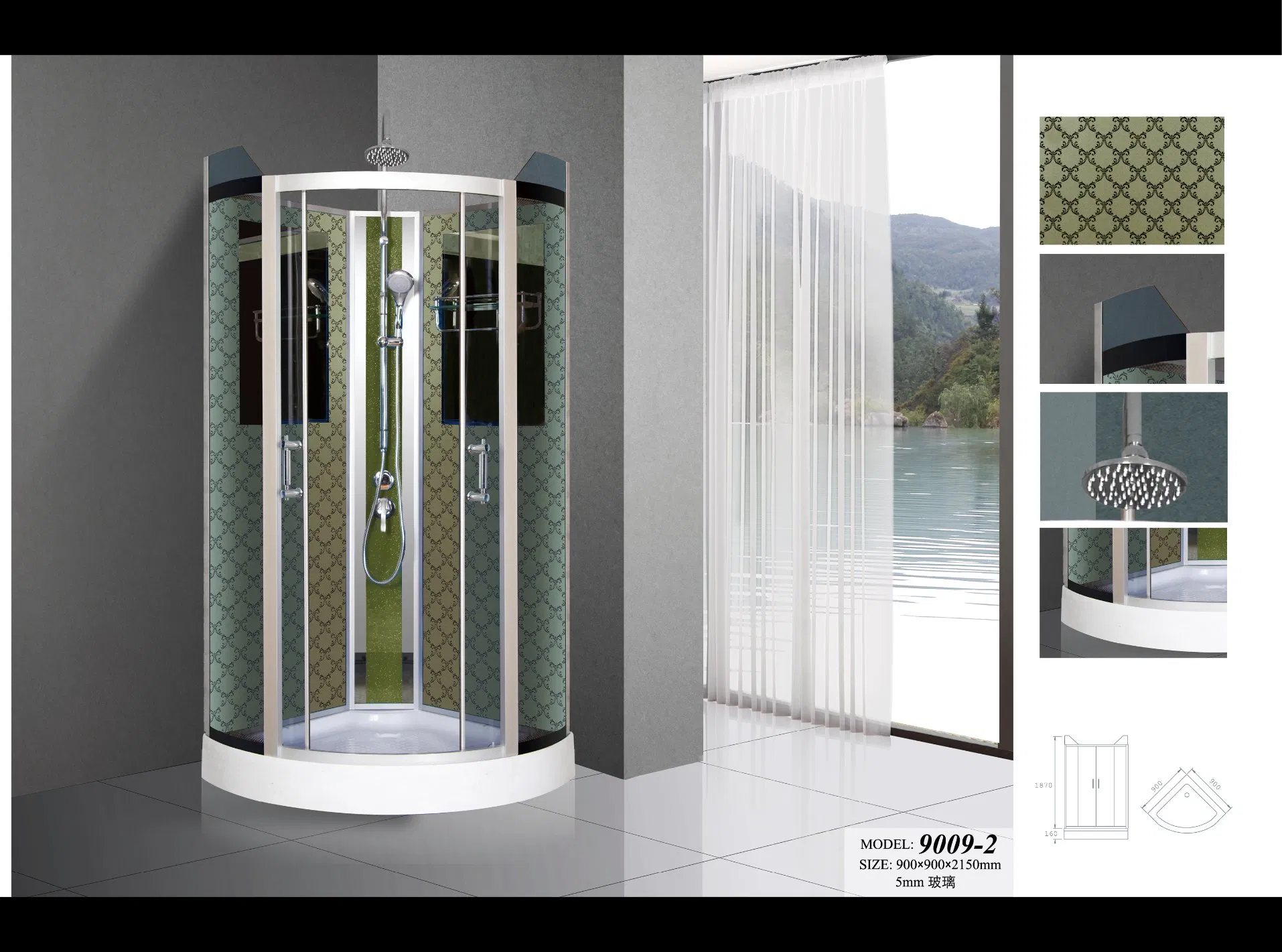 Black Marble Tempered Glass Grey Alumium Sliding Faucet Shower Enclosure