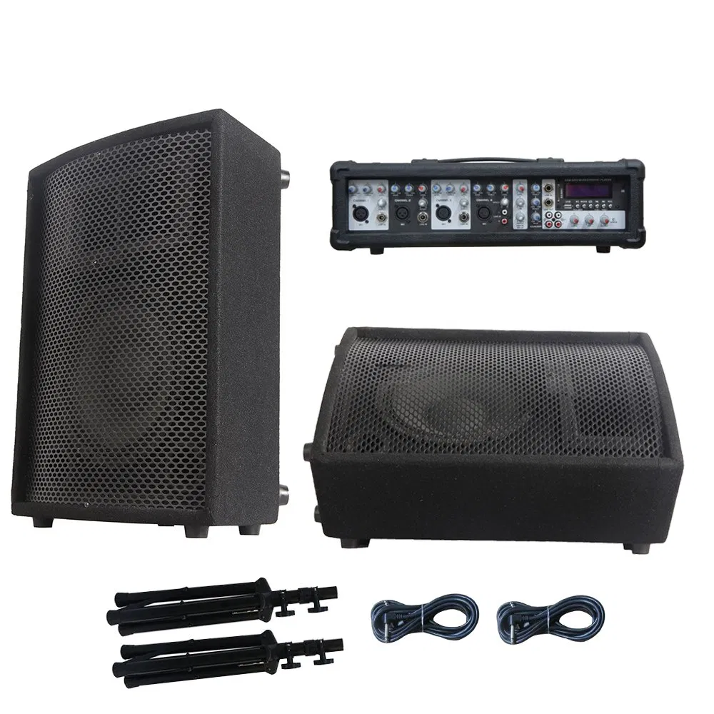 4 Channel 800W Bluetooth Powered with 2PCS 10 Inch Wooden Cabinet Speaker PRO DJ System+Microphone+Cable+Stand&Model Spare Parts SKD