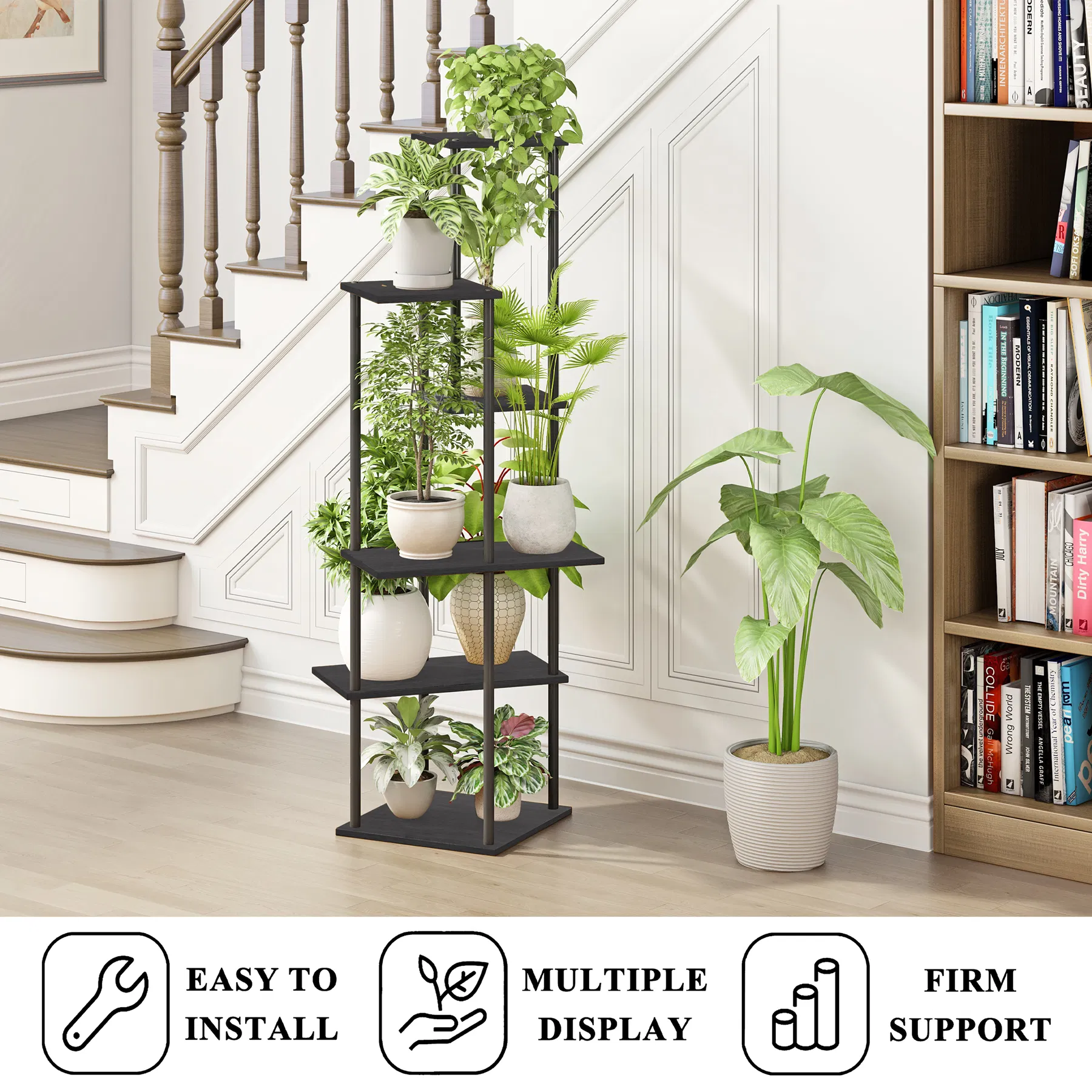 Elegant 6-Tier Black Steel Wood Corner Plant Shelf for Indoor Use