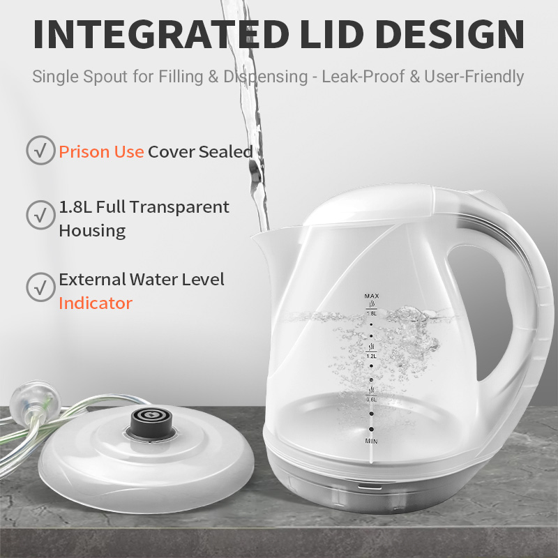 SAA Approved 1.8L Electric Kettle for Prison Jail Use Australia Clear Power Cord with Transparent Lid Safe Clear Plastic Kettle