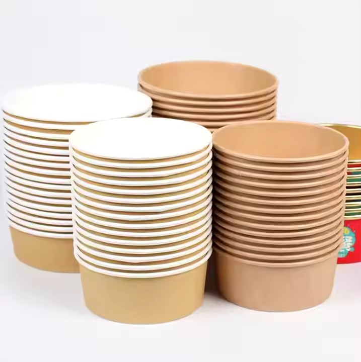 Ecofriendly Disposable Custom Logo Printing Kraft Paper Bowl with Paper PP Lid Factory Manufacturer