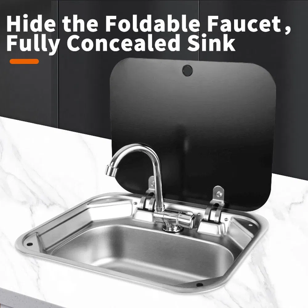 Black Color Stainless Steel Bar Camping Sink Portable RV Sink with Glass Cover for Camper Trailer Caravan