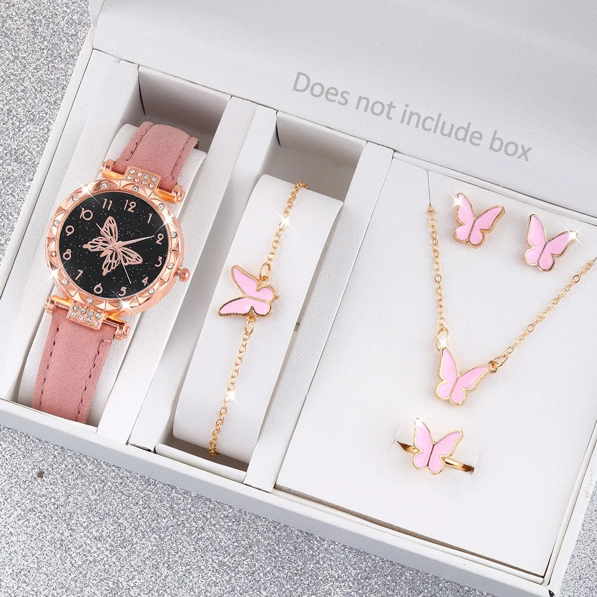 Elegant Watch Set Women's Simple Butterfly Jewelry Black Pink