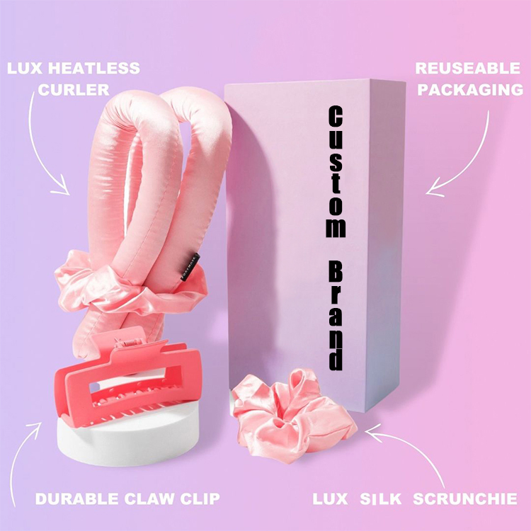 Custom Logo Box White No Heat Silk Hair Roller Sleeping Heartless Curling Rod Headband Heatless Hair Curler Scrunchies Set