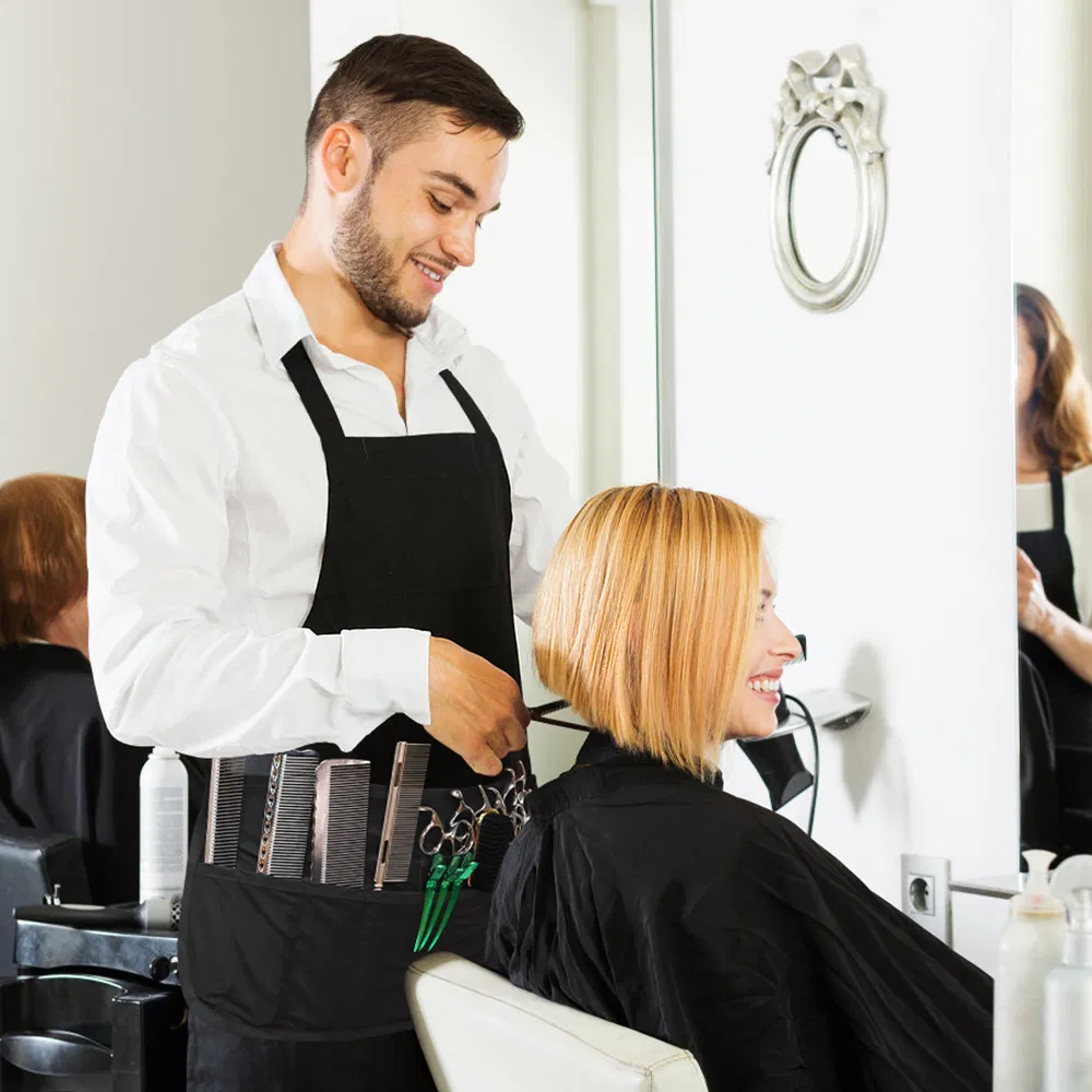 Black Multi-Pocket Hairdressing Short Half Adjustable Waist Aprons for Salon Barbershop