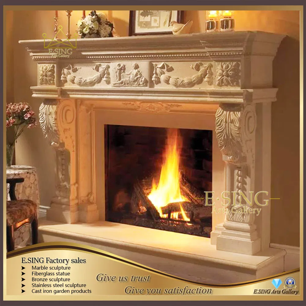 Decorative Hand Carved Fashion Indoor White Natural Stone Metal Marble Fireplace