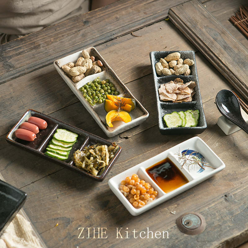 Ceramic Three Grid Sauce Side Dishes Restaurant Plate
