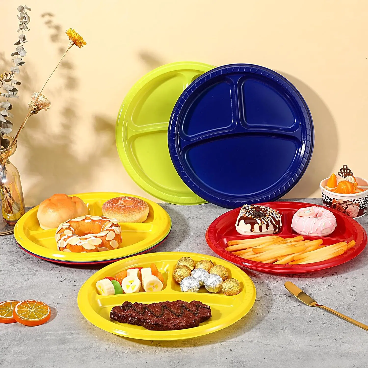 3 Compartments Divided Plastic Party Plates