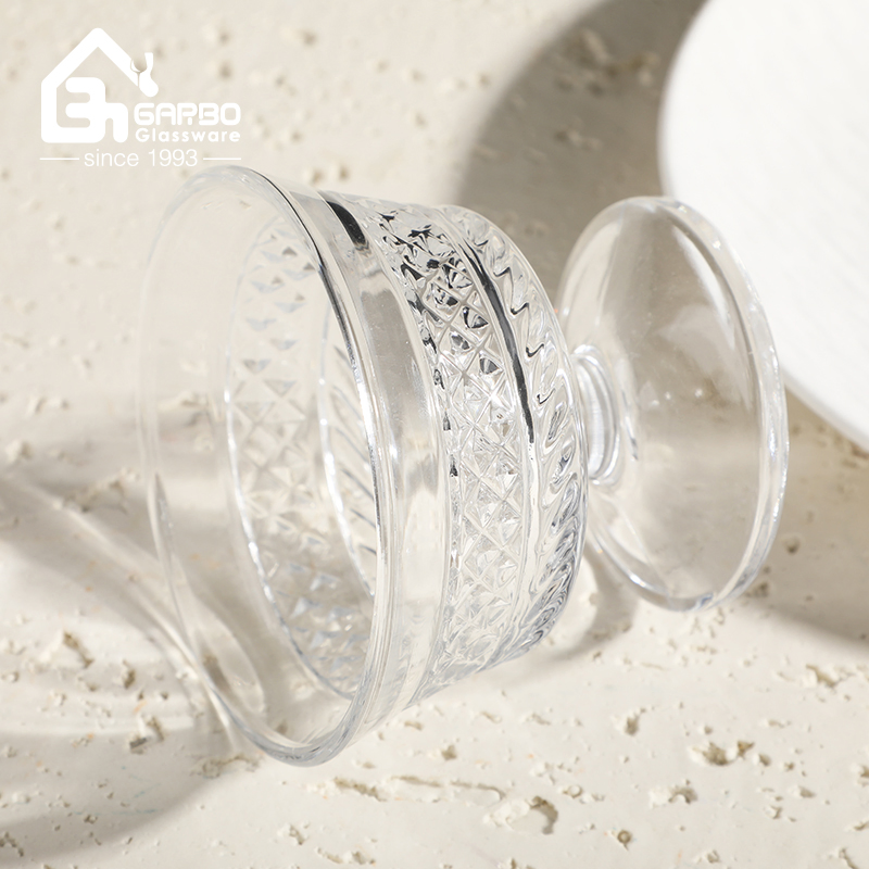 High Quality Engraved Design Glass Ice Cream Bowl with Stand