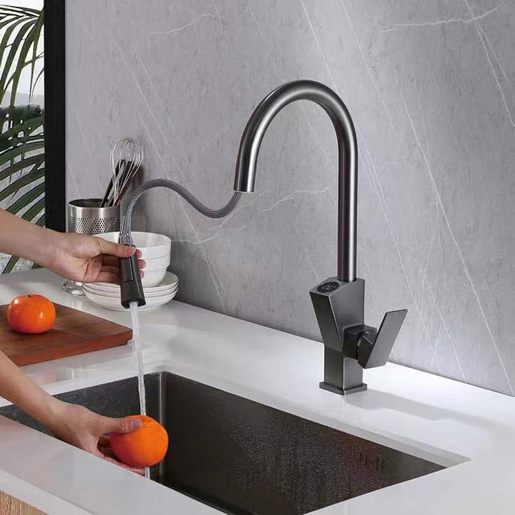 New Design Model Fashion Digital Display Pull Down Square Shape Gun Gray Kitchen Faucet