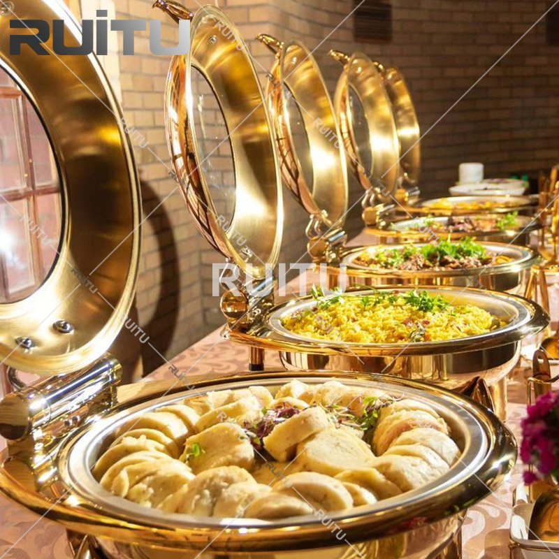 Restaurant Equipment in Guangzhou 6L Chefing Dish Buffet Stove Catering Stainless Steel Round Hydraulic Chafing Dish with Glass Lid Luxury Gold Chaffing Dishes