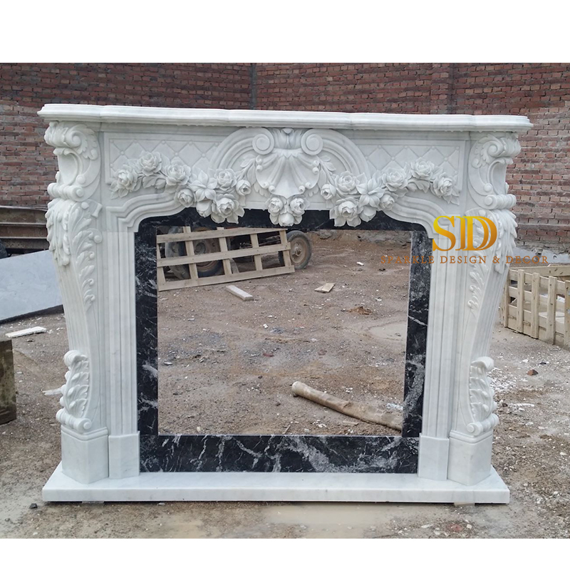 Egyptian Beige Marble Fireplace Mantel with Lady Staues