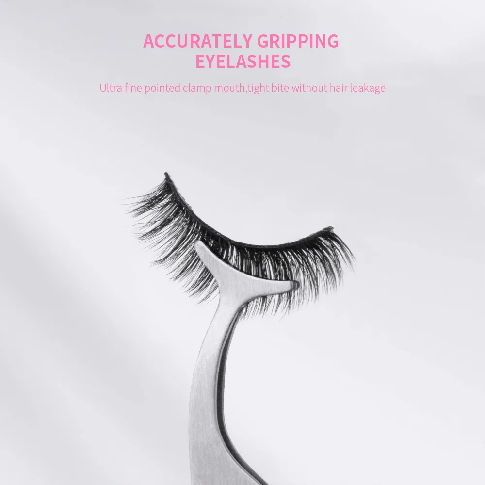 Slanted False Lash Eyebrow Tweezers Stainless Steel Rounded Lashes Eyelash Extension Pliers with Brush
