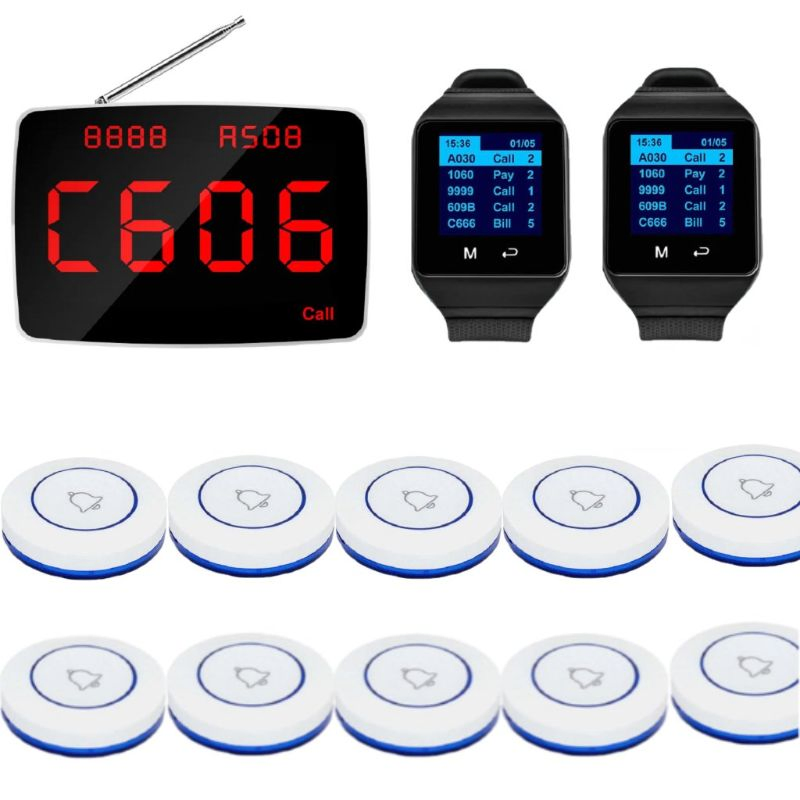 Restaurant Wireless Call System with 1 Display Screen+2 Watches+10 Call Buttons