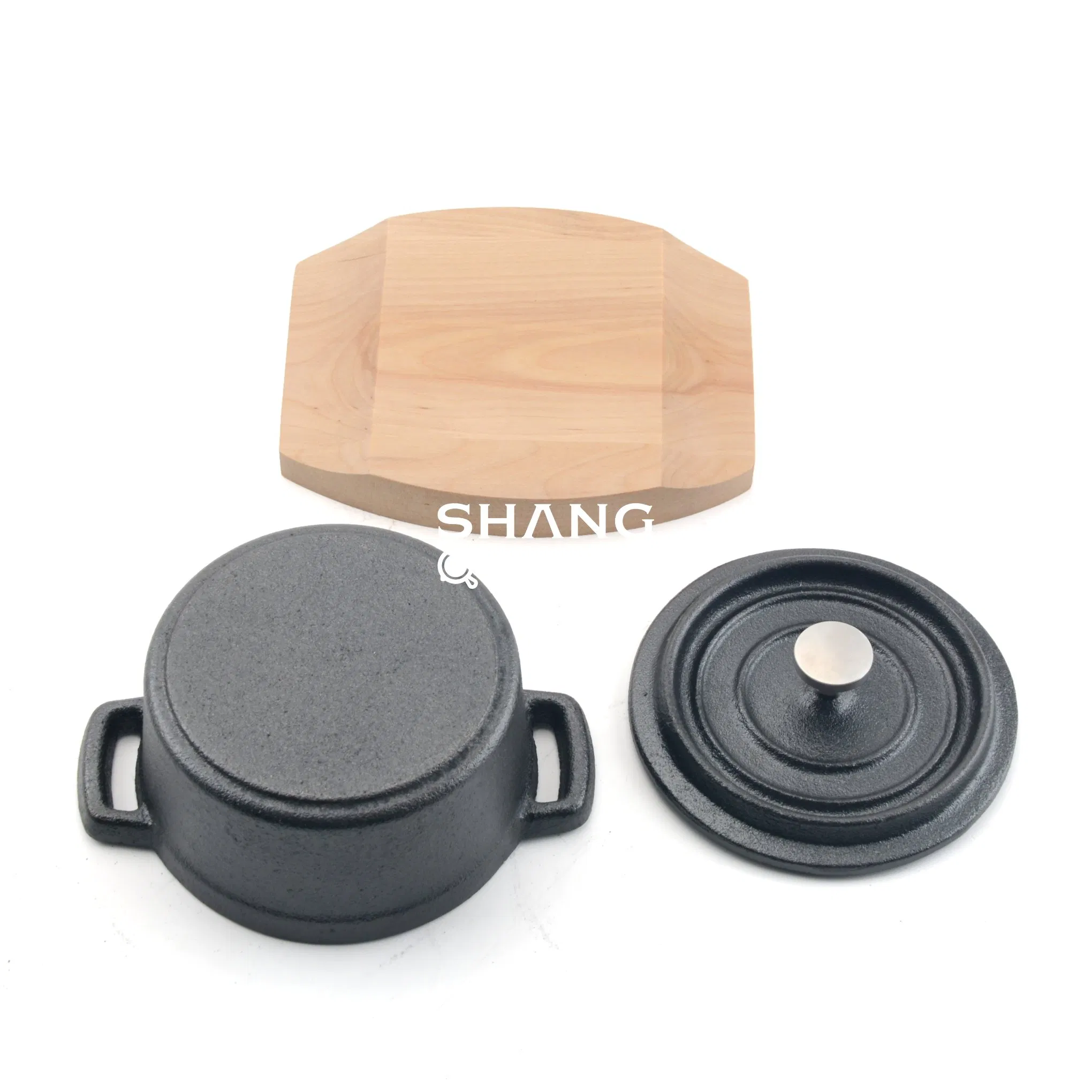 Мини-чугунная кастрюля-кокот с деревянной подставкой