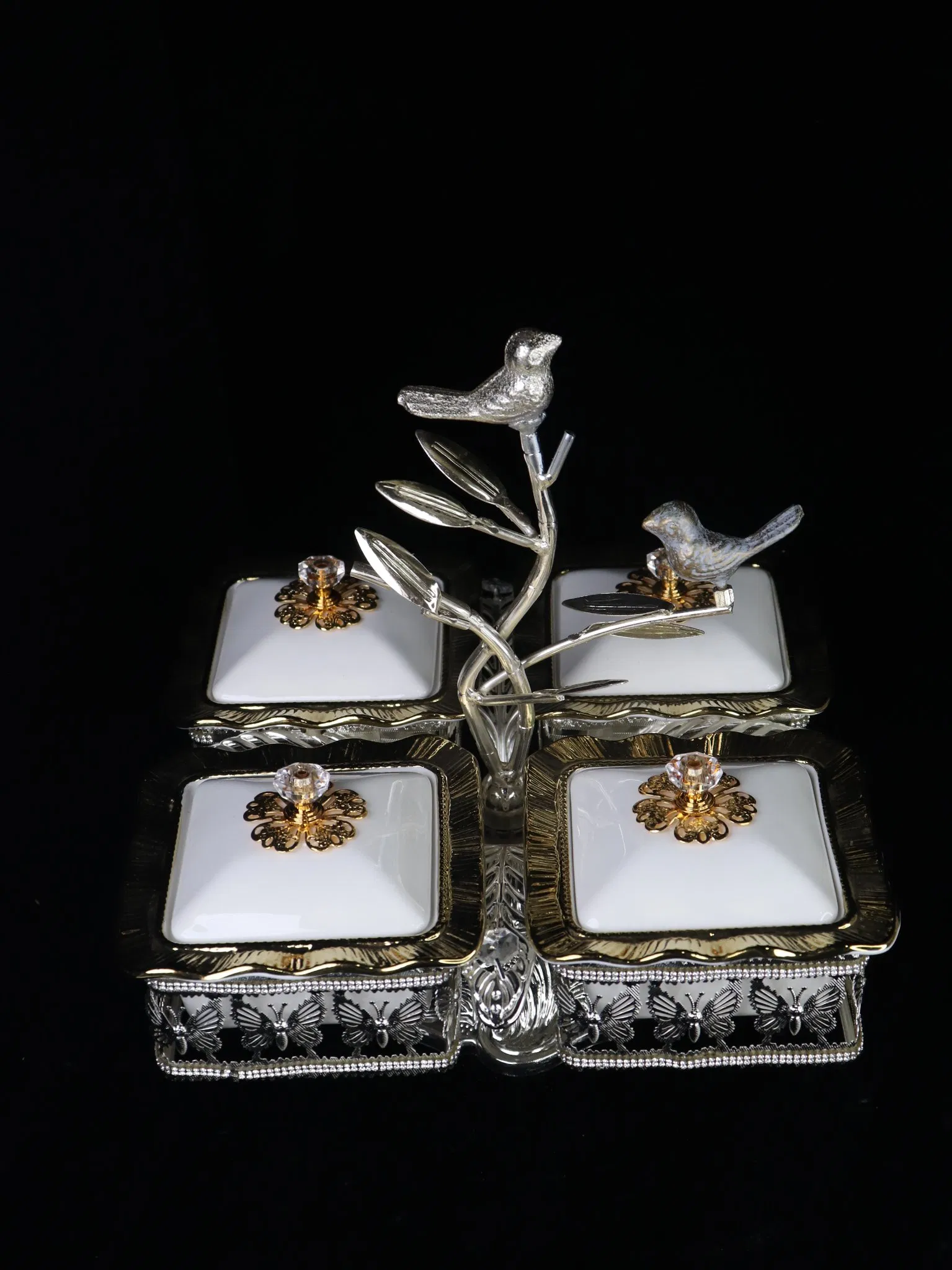Home Ornament Gold-Plated Iron Frame with 4 Square Ceramic Bowl