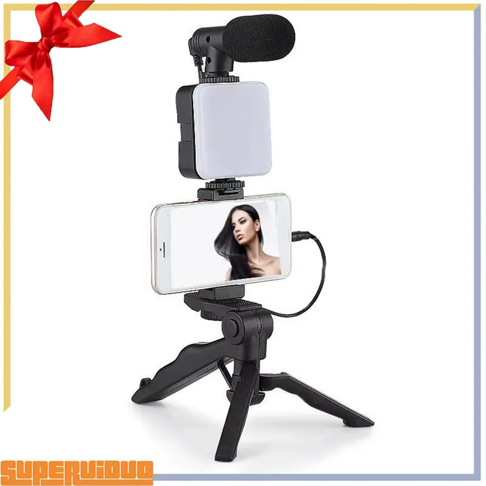 Mini Mobile Tripod Stand Vlogging Kit LED Fill Light Microphone Phone Holder for Live Streaming Video Camera Smartphone Selfie Stick with Remote
