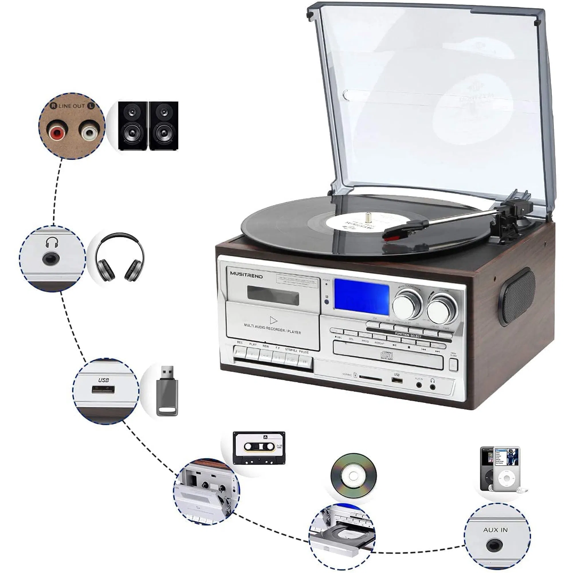 Multi Function Vinyl Record Player 3 Speeds Lp Vinyl Player Bluetooth Turntable Gramophone