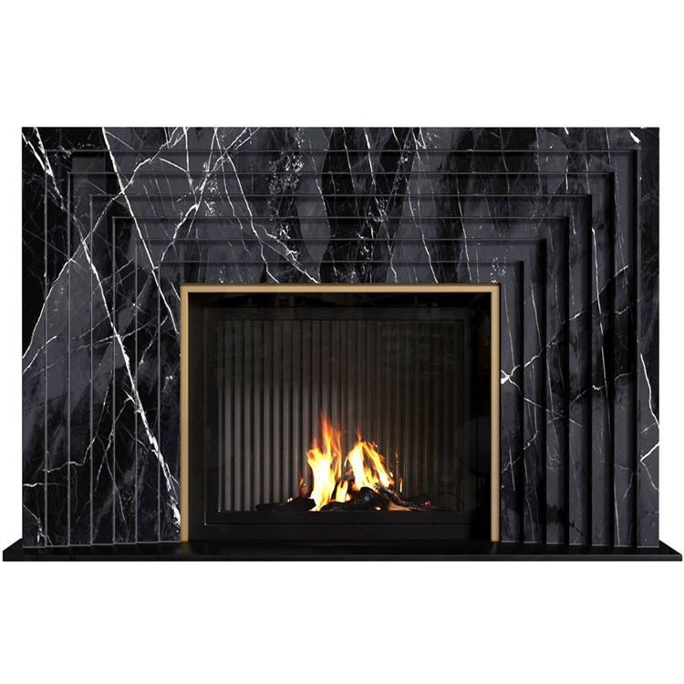 Modern Design Luxury Large Indoor Surround Stone Stove Wall Sintered Stone Black Marble Mantel Fireplace